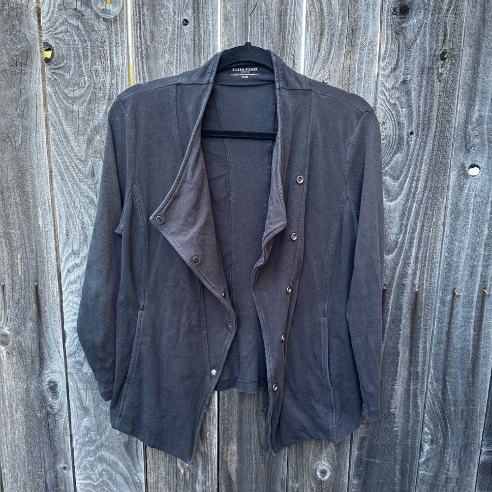 Eileen Fisher Asymmetrical Snap Front Cotton Jacket Black Size Petite Large - Picture 8 of 16
